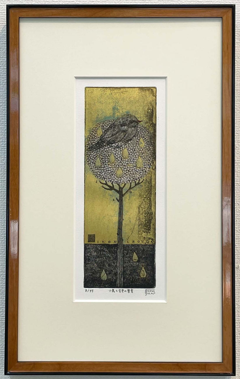 超美品！値下げ交渉あり。金箔を押した黄色い小鳥 アクリル画 絵画