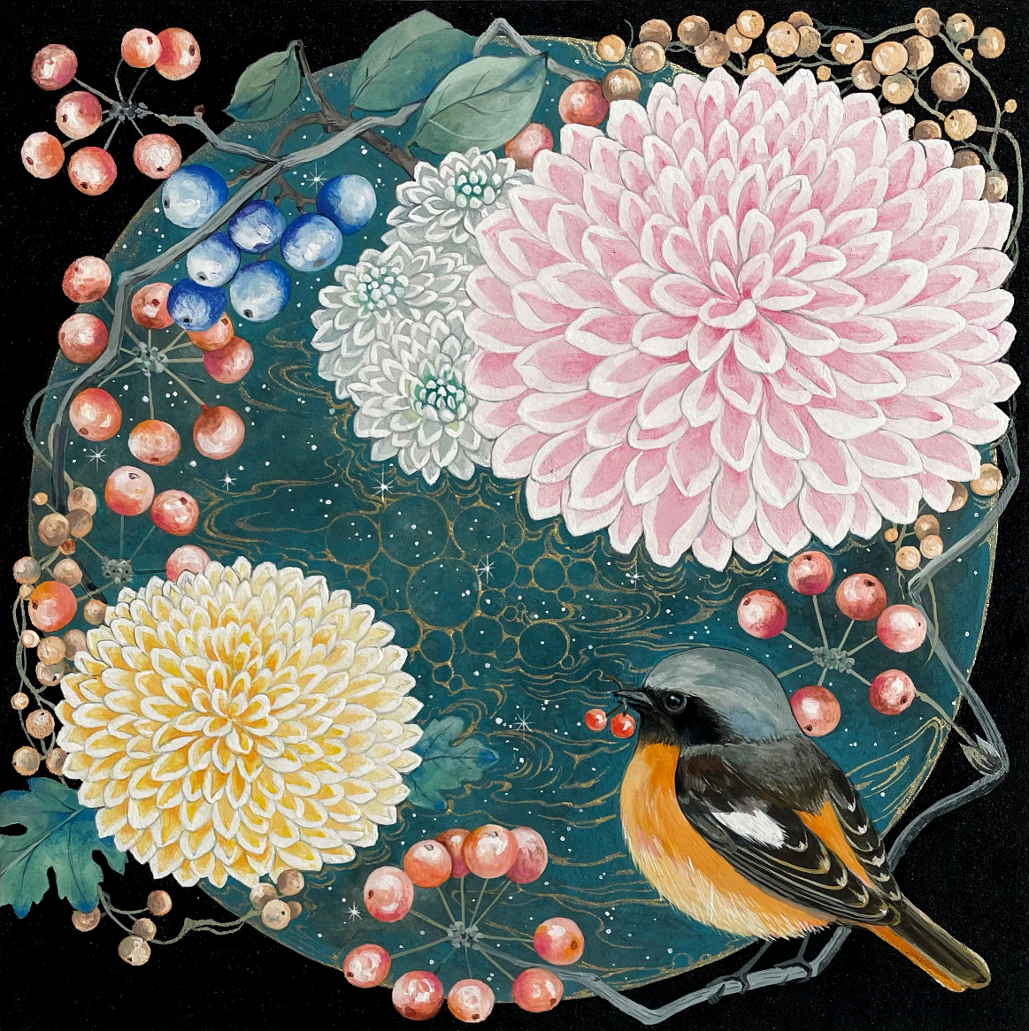 ♡たまみな♡水彩画 小鳥とぽんぽん菊　値段は※900円です 環の中のぽんぽん菊とジョウビタキ by 菅かおる | Art Scenes | Find