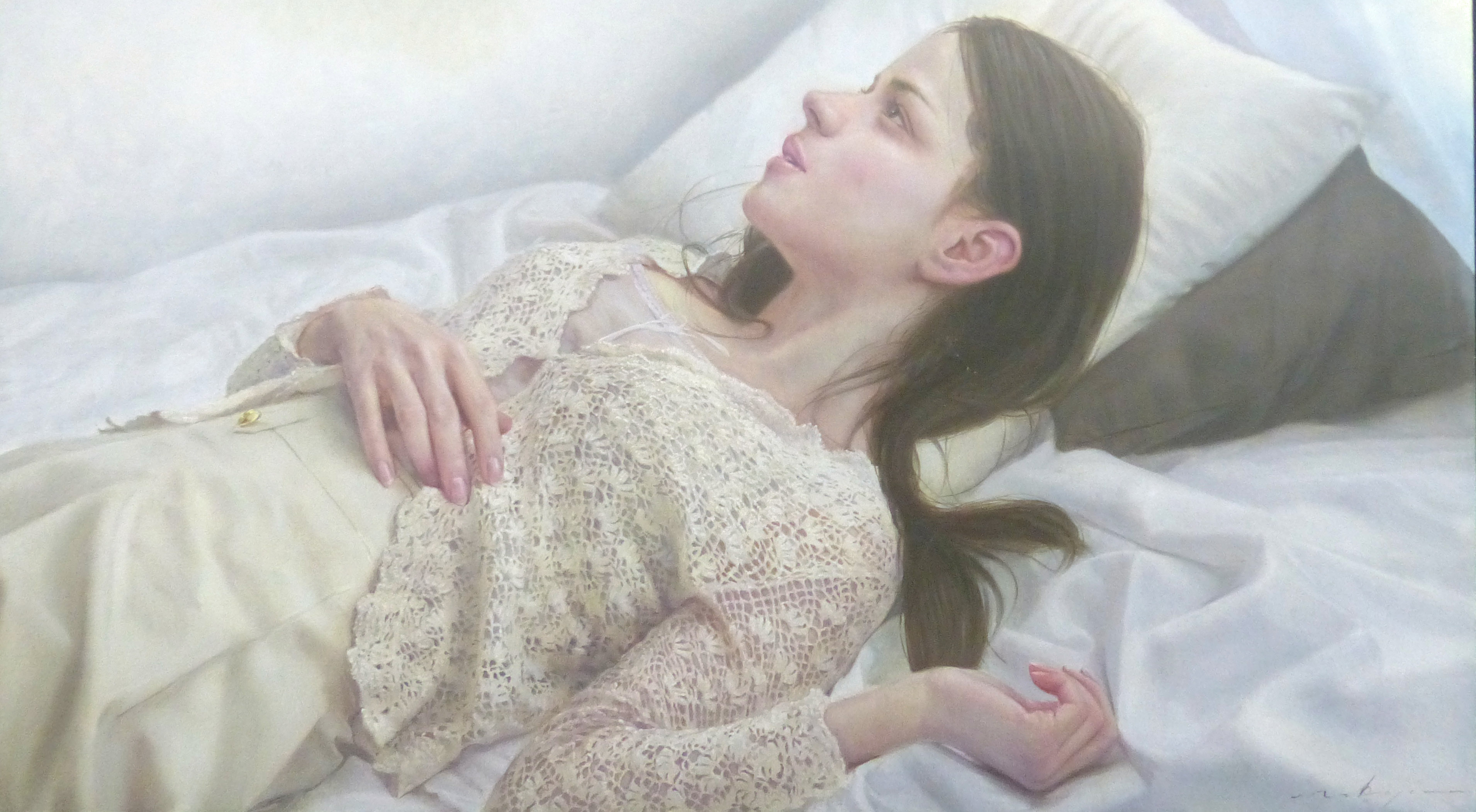 絵画　リアリズム　油彩画　女性　中島健太　「象が出る夢を見た」 中島健太「横向きの女」買取実績｜美術品・絵画買取センター