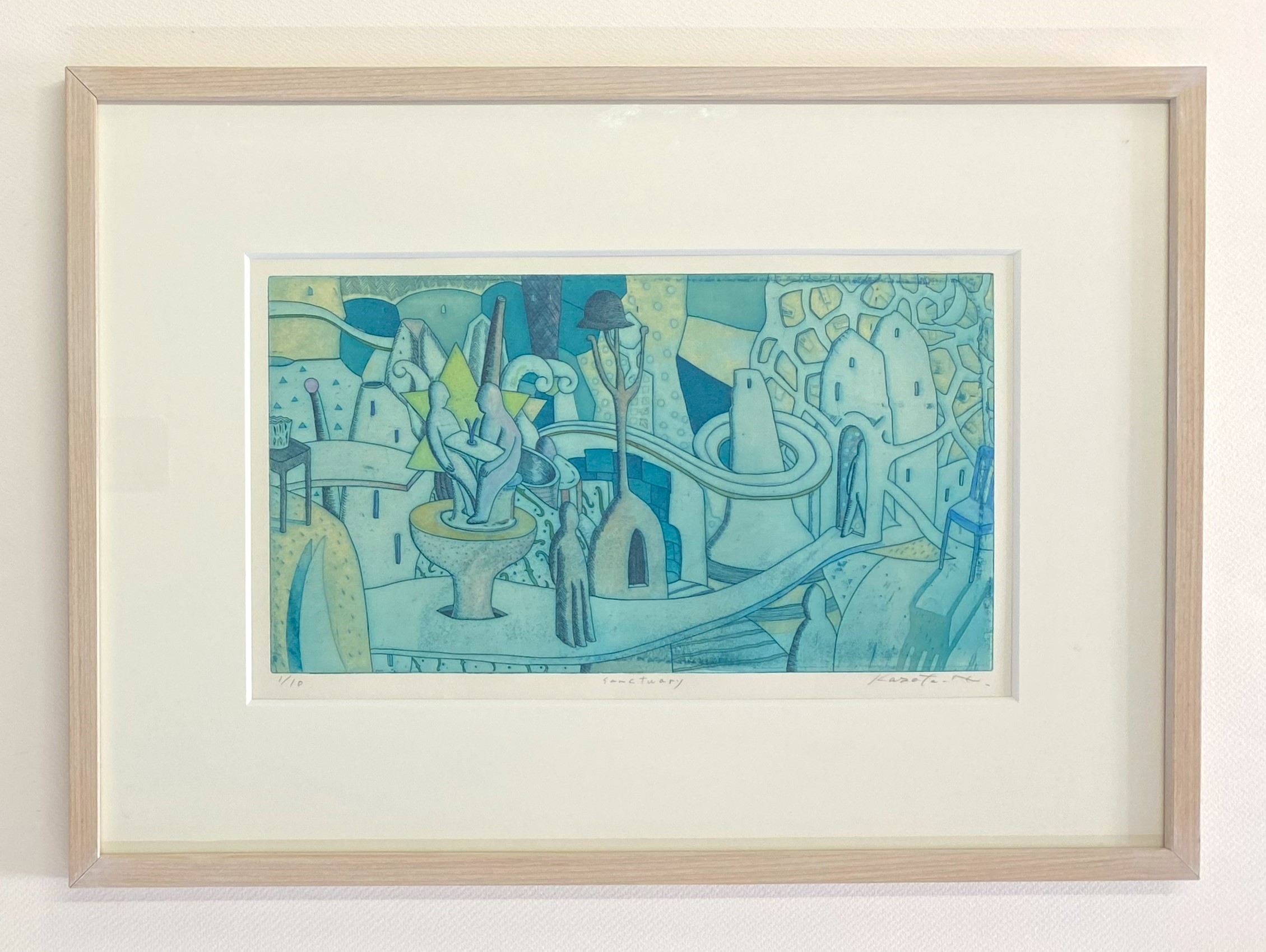 【真作】版画　技法不明　丘のオリーブ　爽やかな木陰と段々畑の風景　X1 真作】版画 技法不明 丘のオリーブ 爽やかな木陰と段々畑の風景 X1