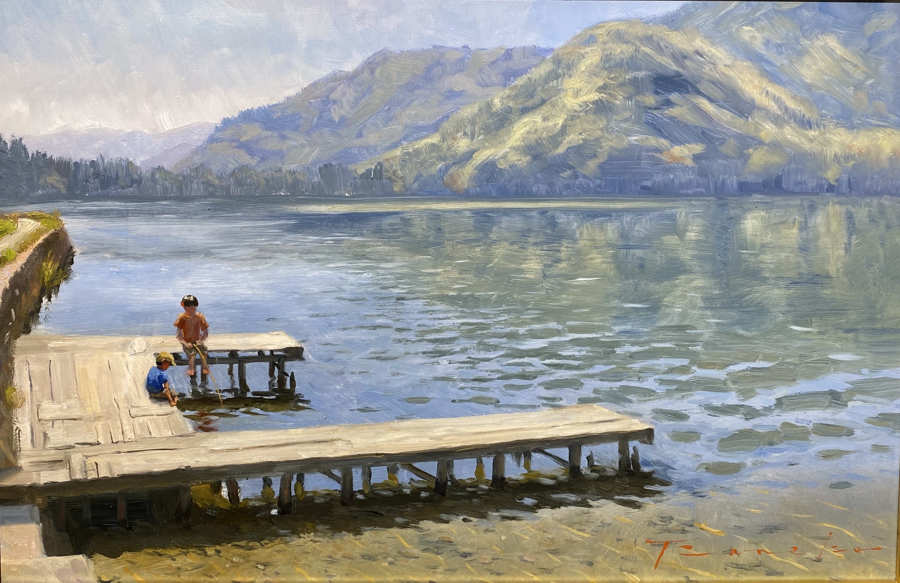 【真作】絵画　水墨画6号　風景画　静寂な湖畔と松林の情景　日本の自然美　W13 真作】絵画 水墨画6号 風景画 静寂な湖畔と松林の情景 日本の