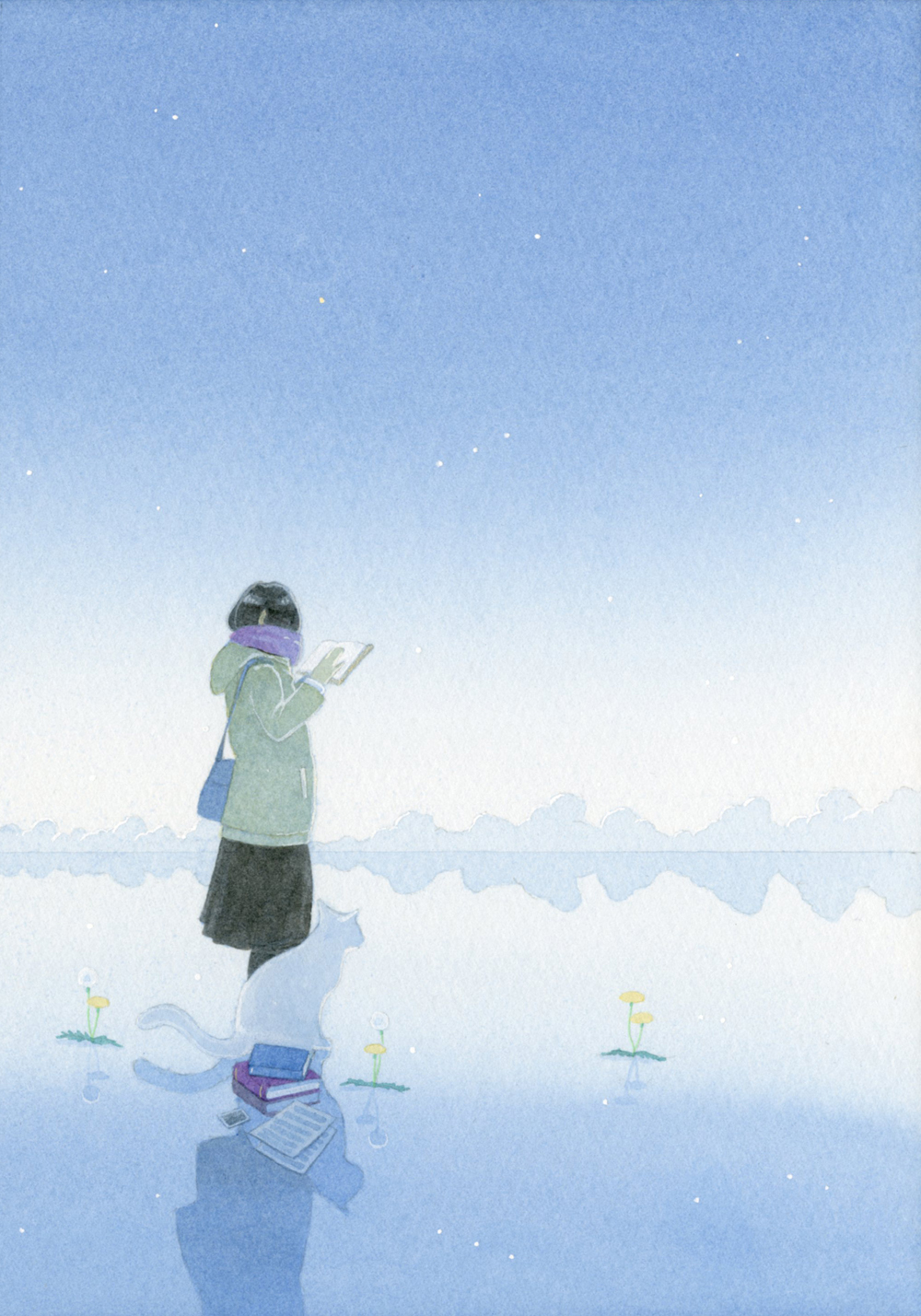 白猫と星と本を読む女の子 by 新岡 良平 | Art Scenes アートシーンズ