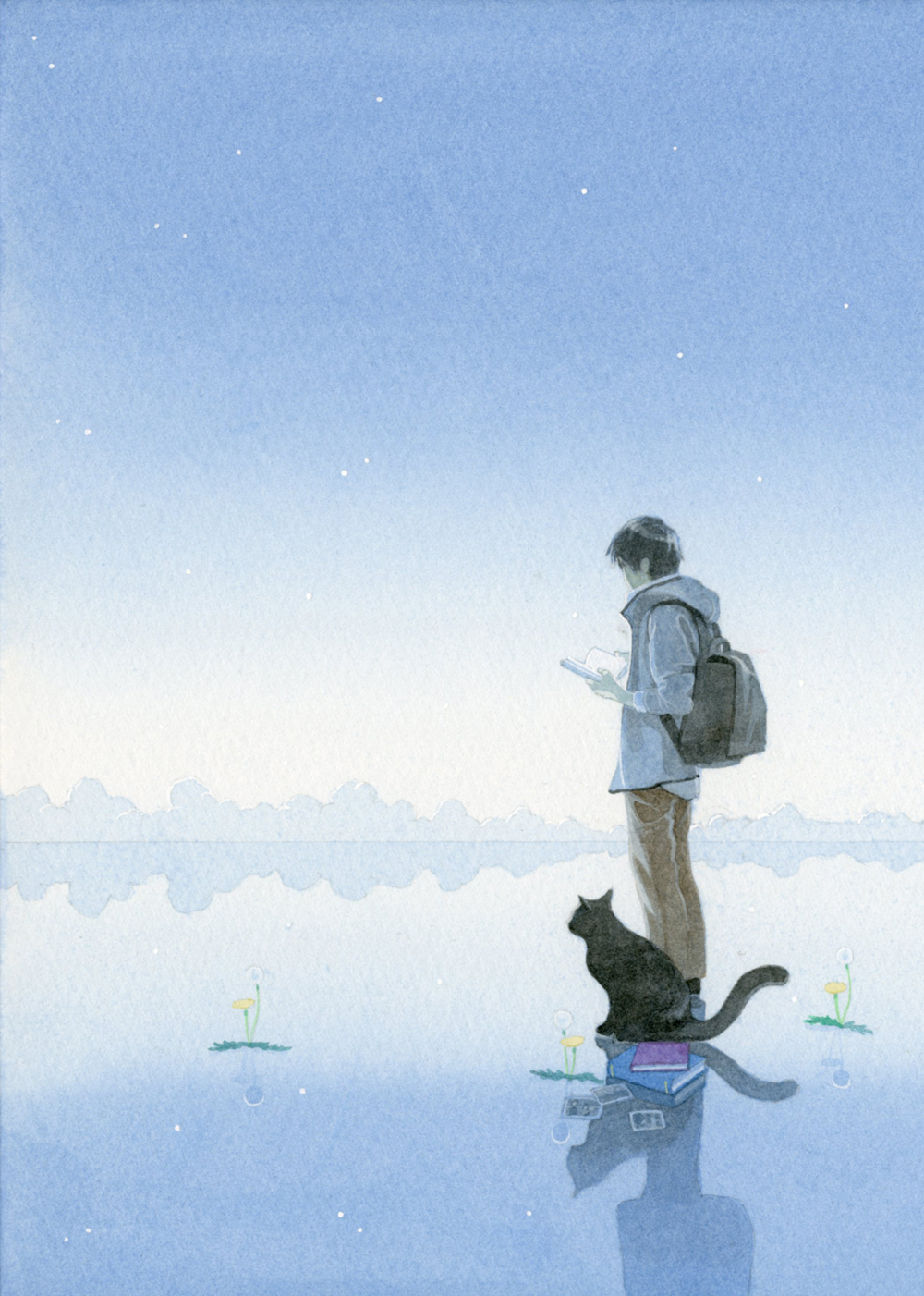 黒猫と星と本を読む男の子 by 新岡 良平 | Art Scenes | Find and