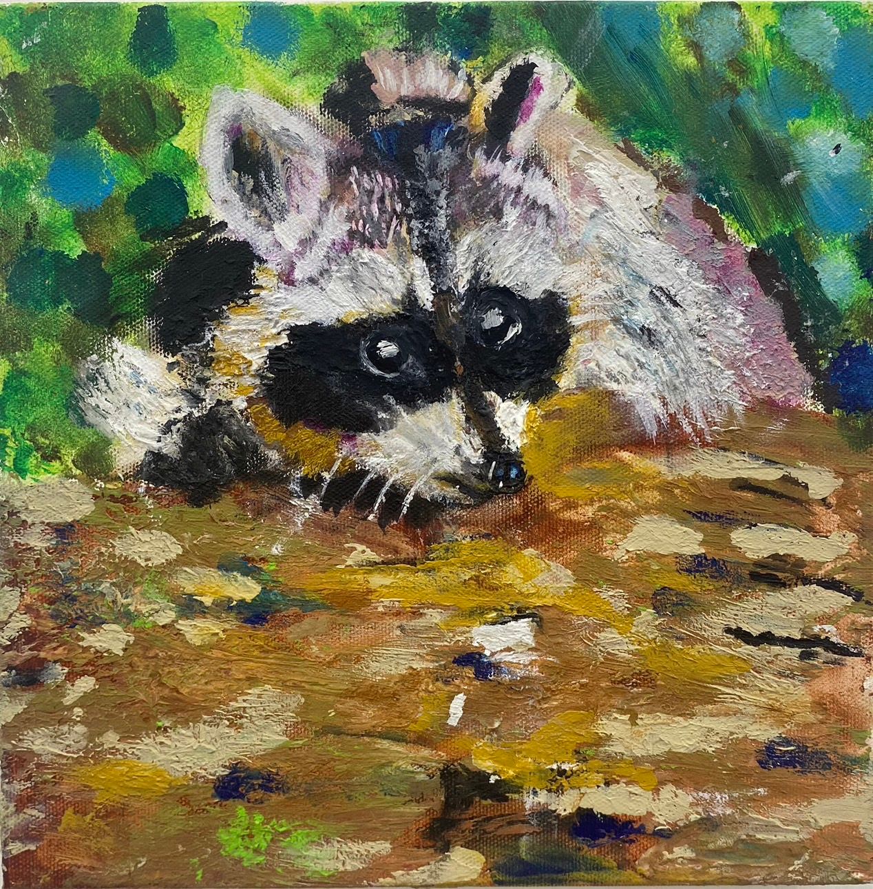 アライグマの親子　油彩画 獲物を狙うアライグマ by 中西翔哉 | Art Scenes アートシーンズ