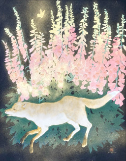 一時的セール坂垣夏樹作 月とひまわりの犬 日本画 フレーム付き F 一時的セール坂垣夏樹作 月とひまわりの犬 日本画 フレーム付き F 一時