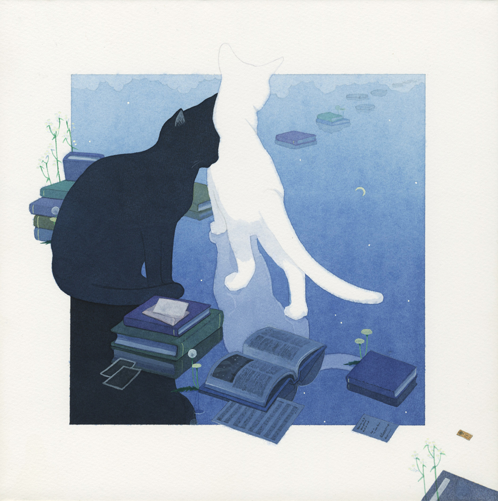 絵画。原画☆キャンバスF6【黒猫は白猫とデートして美味しいケーキを食べます】 絵画。原画☆キャンバスF6【黒猫は白猫とデートして美味しいケーキ