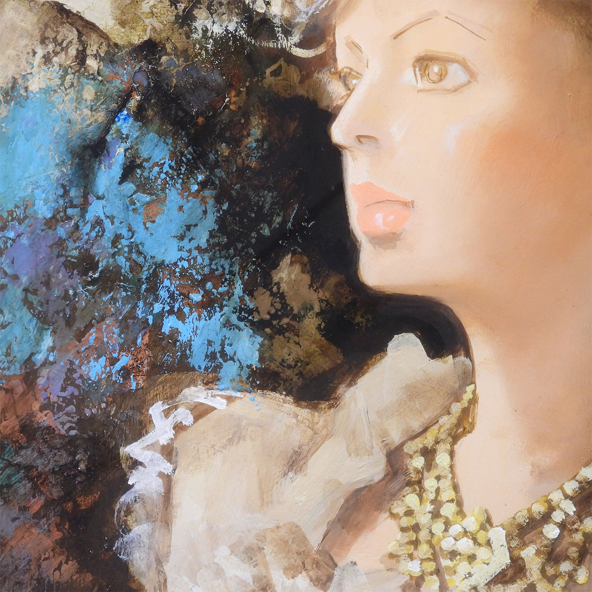 宮永岳彦 黎 油彩10号 人物画 共シール オリジナル額装 女性像 美人画