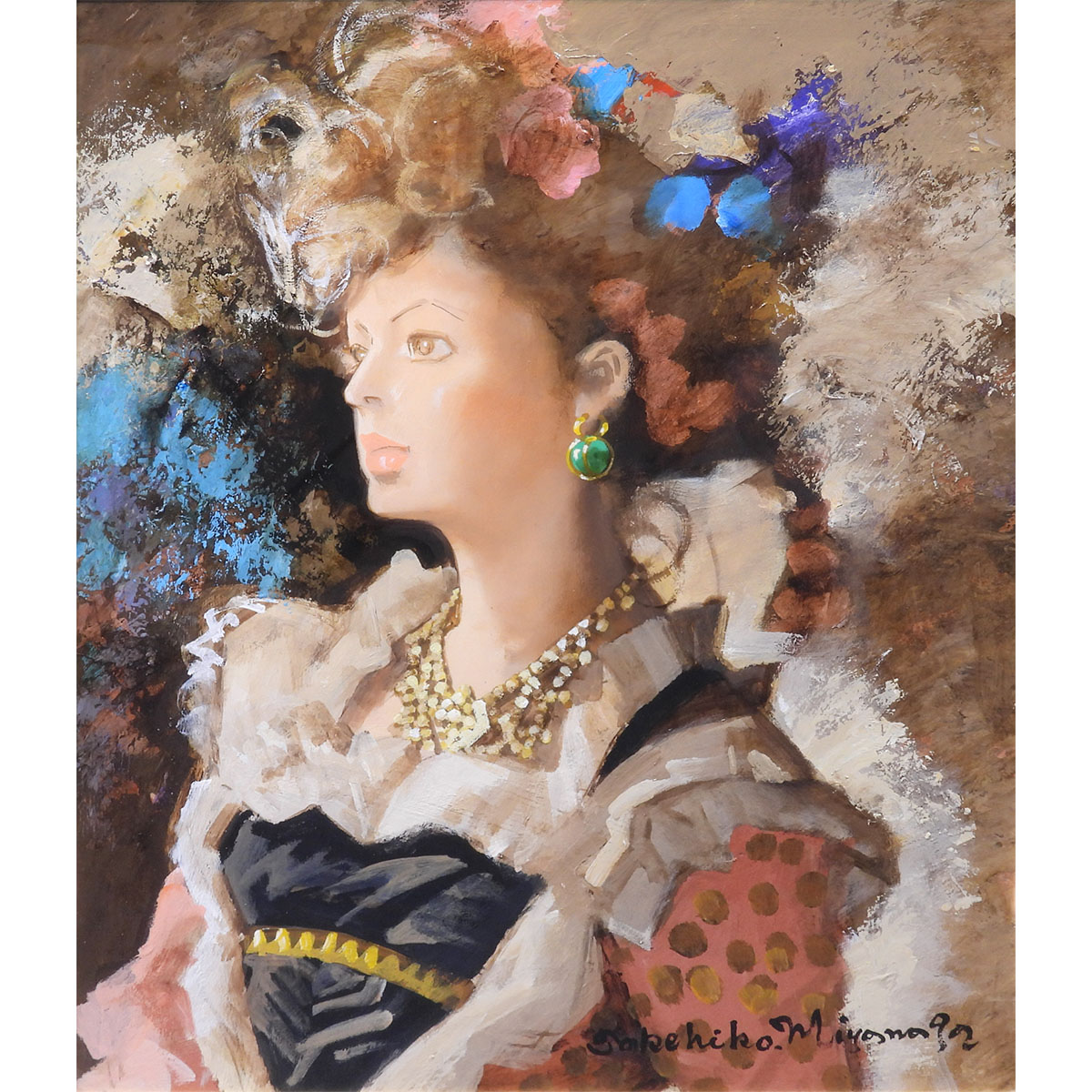 宮永岳彦 黎 油彩10号 人物画 共シール オリジナル額装 女性像 美人画