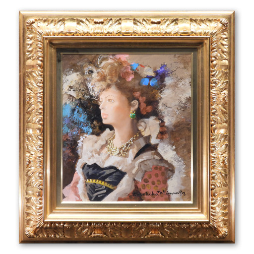 宮永岳彦 黎 油彩10号 人物画 共シール オリジナル額装 女性像 美人画