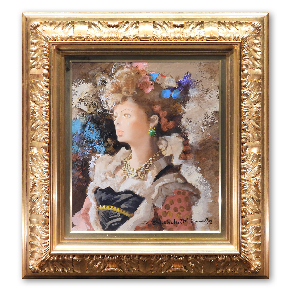 宮永岳彦 黎 油彩10号 人物画 共シール オリジナル額装 女性像 美人画